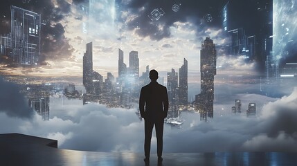 Obraz na płótnie Canvas Silhouette of man looking at futuristic city in the clouds above