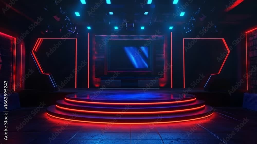 Poster futuristic stage background with neon lights and virtual set design for streaming