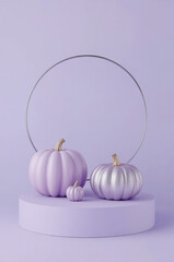Lavender Halloween 3D Render with Striped Silver Pumpkins on Podium