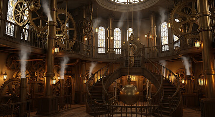 Steampunk clocktower interior with giant gears and glowing brass pipes