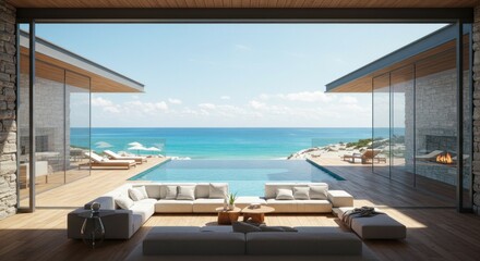 Fototapeta premium Modern coastal home with expansive ocean views and a luxurious pool area.