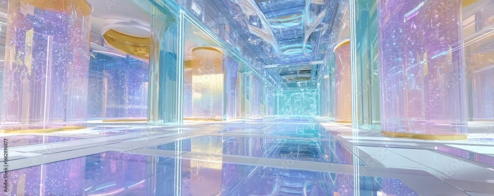 Poster a futuristic hallway with transparent columns and reflective floor creating a surreal atmosphere and
