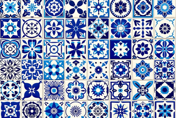 Collection of Azure and White Ceramic Squares with Botanical and Geometric Designs for Decorative Backdrops
