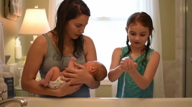 Bath Time Mother & Daughter Bathe Newborn Baby