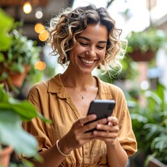 Happy woman using smartphone outdoors