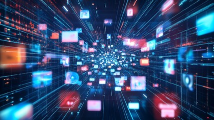 Abstract network with glowing screens and light trails in cyberspace