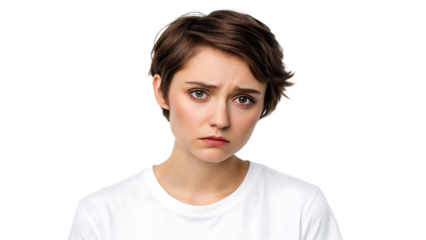 sad young woman with short brown hair and a serious expression wearing a white t-shirt looking directly at the camera isolated on white or isolated on transparent background, cut out PNG