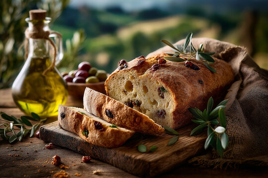 Artisanal Olive Bread Still Life with Olive Oil and Tuscan Landscape in Soft Focus