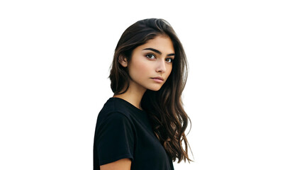 beautiful young hispanic girl in black t-shirt looking at camera against a white background with copy space isolated on white or isolated on transparent background, cut out PNG
