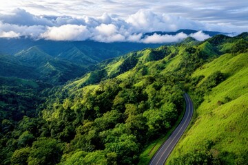Scenic road through lush mountains on a clear day