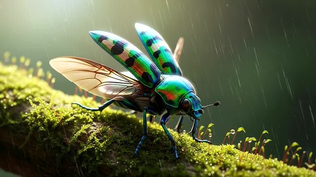 Jewel Beetle Macro on Moss Branch with Spread Wings in Nature. Seamless looping time-lapse animation video background