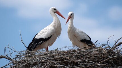 Two white storks standing in nest, springtime nesting behavior concept