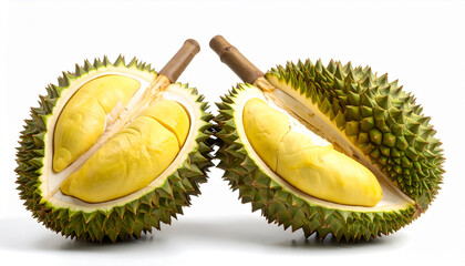 Fototapeta premium Fresh and juicy durians isolated on white background. Organic exotic fruit. Tasty and natural.