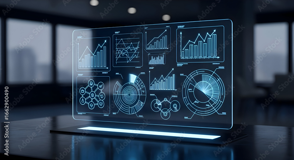 Poster futuristic digital display with data charts and graphs in blue