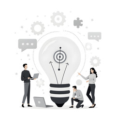 Innovative Ideation: A team collaborates, brainstorming around a central lightbulb, symbolizing innovative ideas and collective problem-solving in this conceptual illustration. 