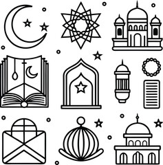 Islamic icons collection featuring crescent moon stars mosque quran lantern geometric patterns and religious symbols for ramadan eid celebrations