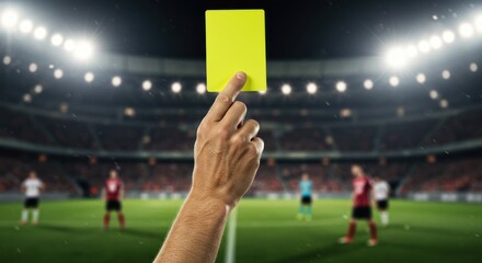 A soccer referee holds up a yellow card during a match in a stadium.