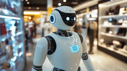 Robot mannequin displayed in shop with people around