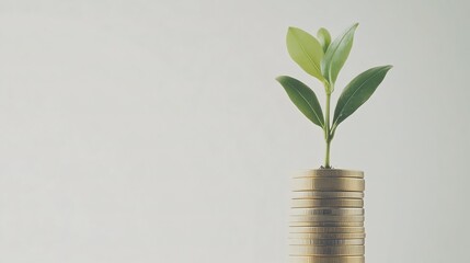 Green plant growing from a pile of coins representing money and growth