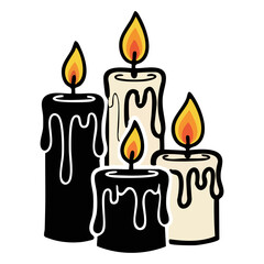 Stylized graphic of a candle with dripping wax in minimalist black and white