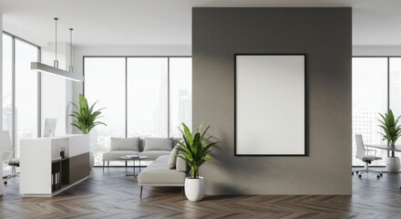 Fototapeta premium Bright, modern office reception area with a blank poster frame on a gray wall, plants, and large windows.