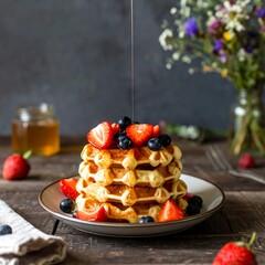 Stacked waffles topped with fresh berries and syrup