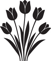 Illustration of five black tulip flowers with stems and leaves in a symmetrical arrangement design element