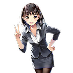 Vサインするビジネスウーマン01（漫画・アニメ調）