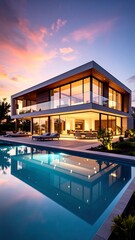 Modern House Sunset Reflection Pool