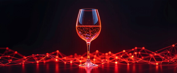Low Poly Wireframe Red Wine Glass on Dark Background &ndash; 3D Geometric Design