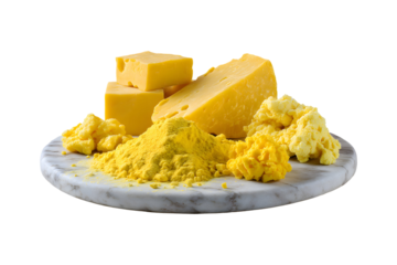 Delicious cheddar cheese assortment on a marble plate against transparent background