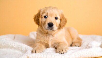 A fluffy golden retriever puppy sitting on a soft blanket, tilting its head with big curious eyes, isolated on a bright background. Perfect for themes of love, innocence, and companionship.
