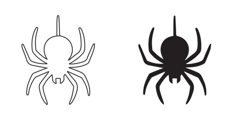 Halloween Spider Icon Silhouette and Outline Style, Creepy Spider Silhouette for Halloween Decorations