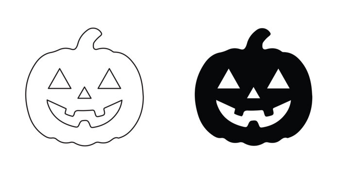 Halloween Pumpkin Icon Set Outline and Solid Style, Halloween Jack-o’-Lantern Pumpkin