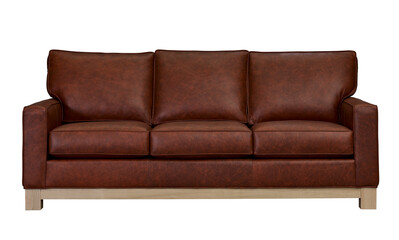 Elegant three seater leather sofa with light wood base isolated + clipping path. Furniture, interior object.