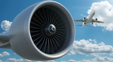 Close-up of a jet engine with a passenger airplane in flight against a partly cloudy sky.