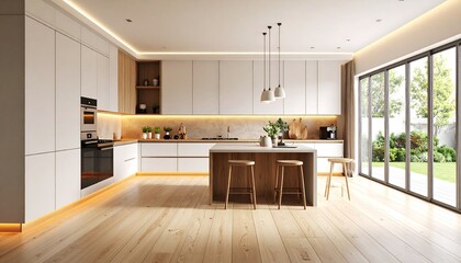 Modern kitchen design with island and garden view