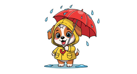 VECTOR Cute Puppy in Raincoat and Umbrella - Illustration - Anjing Hujan