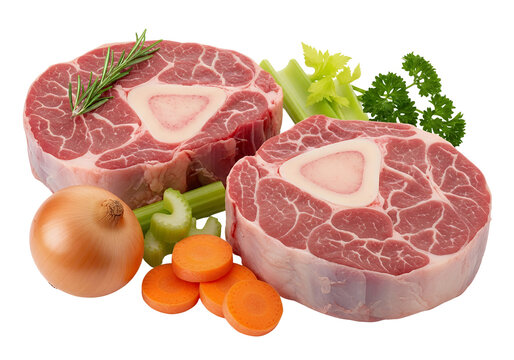 Raw beef osso buco with vegetables and herbs, white background isolated