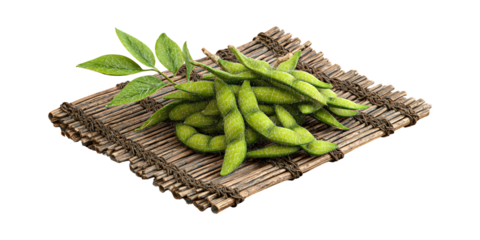 Edamame soybeans still life on a bamboo mat against a transparent background