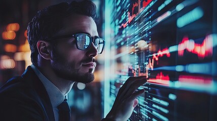 business man and woman using laptops in city at night