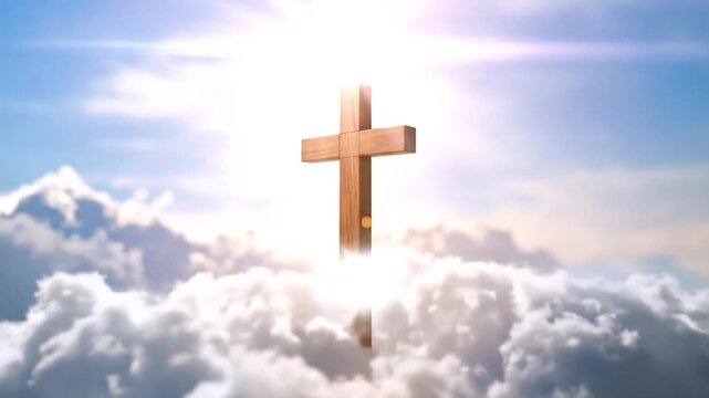 Wooden Cross Rising Above Clouds in Heaven