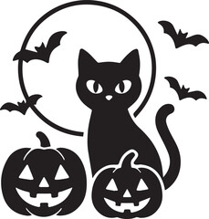 Silhouette of a black cat with pumpkins and bats against a full moon halloween themed illustration