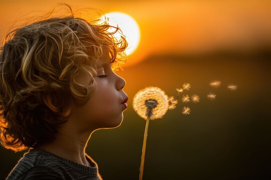 Young child blowing dandelion seeds at sunset in a picturesque meadow, capturing the essence of innocence and wonder in a serene natural setting during golden hour.