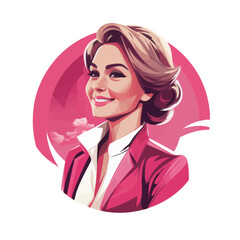 A confident woman is dressed in a striking pink jacket with a white blouse, radiating positivity and style. The colorful background adds a playful touch to her lively expression.