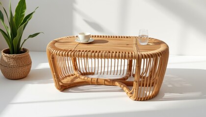 a futuristic sustainable lightweight tea table constructed from rattan weave, highlighted with minimal ridged surface and compact lattice frame, lightweight compostable frame