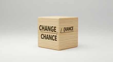 Wooden cube with the words "CHANGE" and "CHANCE" printed on its sides, against a white background.