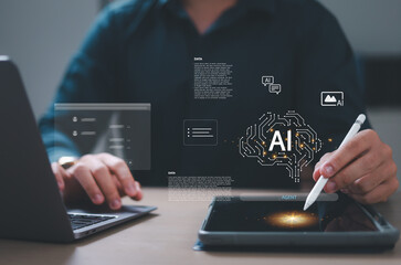 Businessmen who touch the screen and network icon General artificial intelligence and artificial...