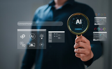 Businessman holding magnifying glass to focus on AI agent interface, symbolizing exploration of AI tools, intelligent systems analysis and technology.