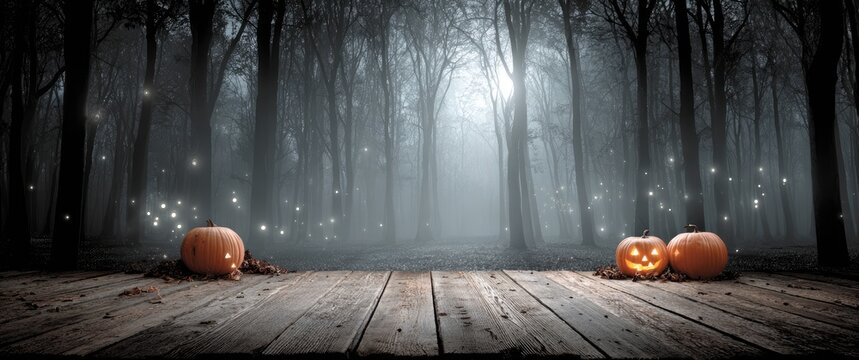 Halloween spooky forest scene with pumpkins on rustic wooden planks